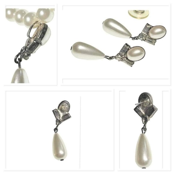 Vintage baguette rhinestones & faux Pearl drop beaded necklace with pierced - Picture 2 of 9